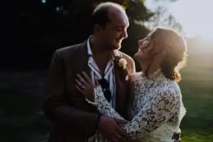 Couple just married at Homm House during golden hour